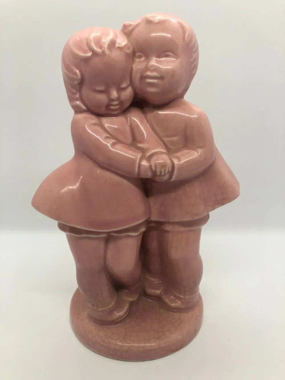Vintage Retro MCM Pink Tree Stump Heart Hugging Boy Girl Shawnee Pottery Vase